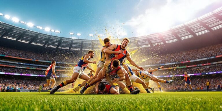 AFL players in fast-paced, bright sunny match on vibrant field.