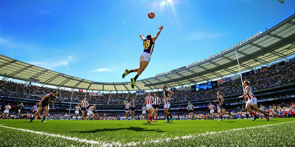AFL star soaring for a goal amidst a bustling ground.
