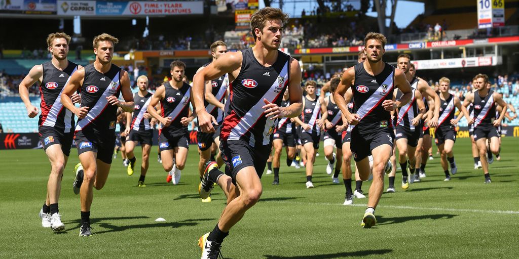 Collingwood players sprinting on sunlit field with clear blue sky.