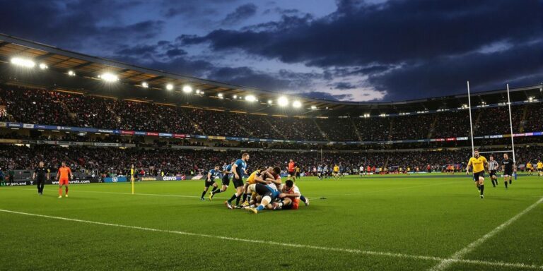 Rugby players clashing on field under bright night lights