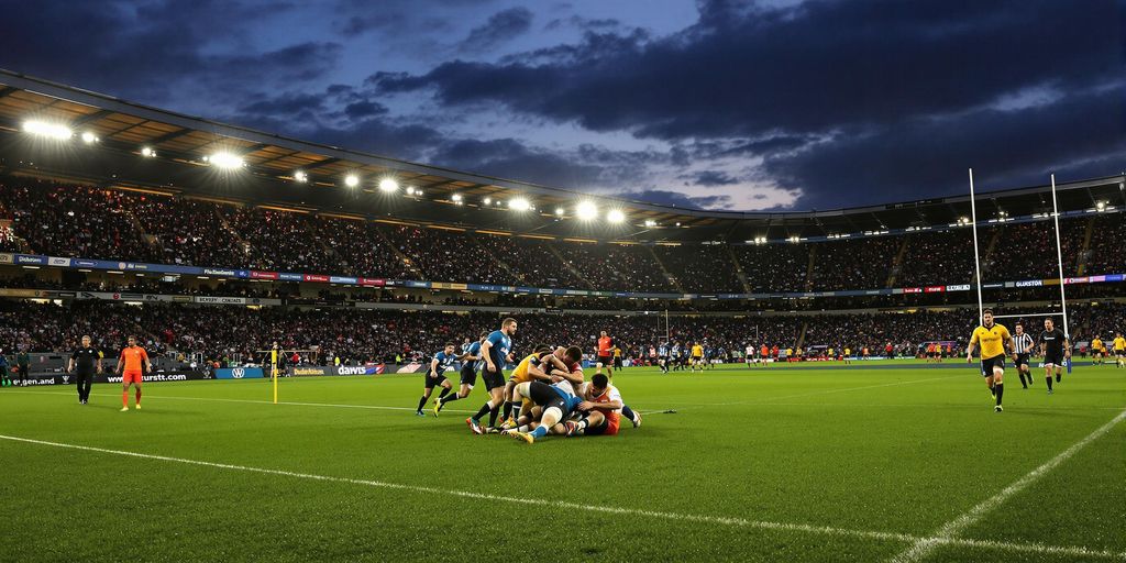 Rugby players clashing on field under bright night lights