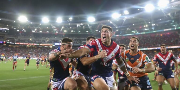 NRL players clashing in action-packed rugby league match