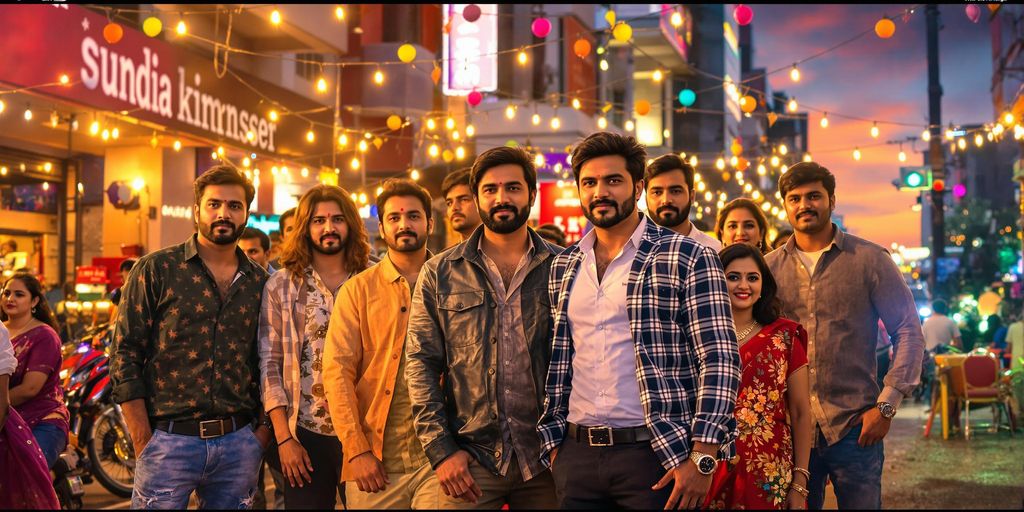 Realistic vibrant Bollywood scene featuring stylish modern actors and set.
