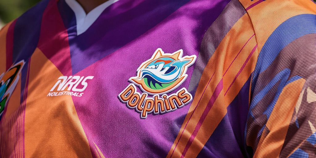 Photographic close-up capturing vibrant Dolphins NRL jersey with crisp texture