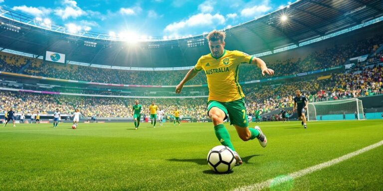 Australian soccer player sprinting across sunlit pitch under clear skies.