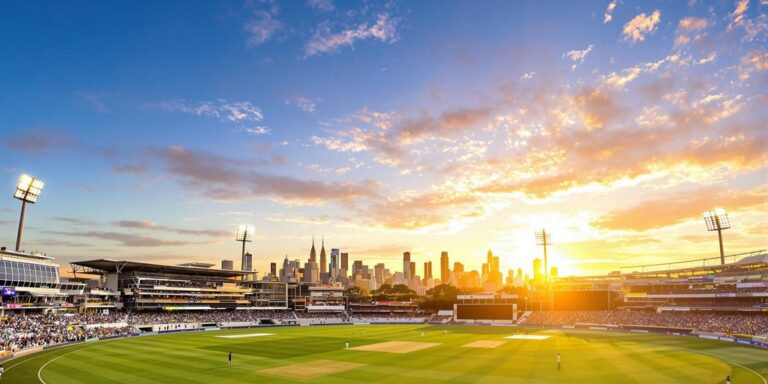 Photographic Australian cricket stadium aglow at sunset with dynamic players.