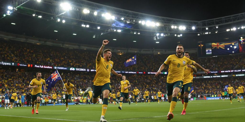 Socceroos players celebrate on pitch in stadium lights.