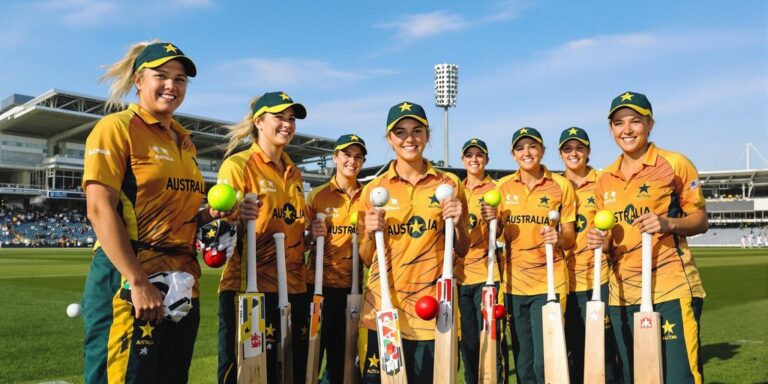 Australia women’s cricket team players on field in uniforms