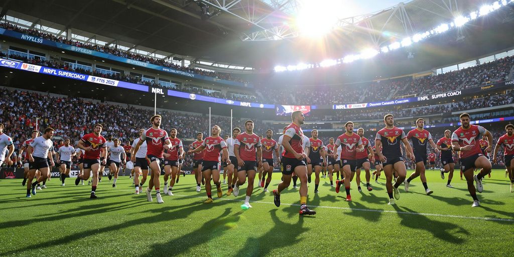 Intense rugby league players in action on sunlit stadium field.