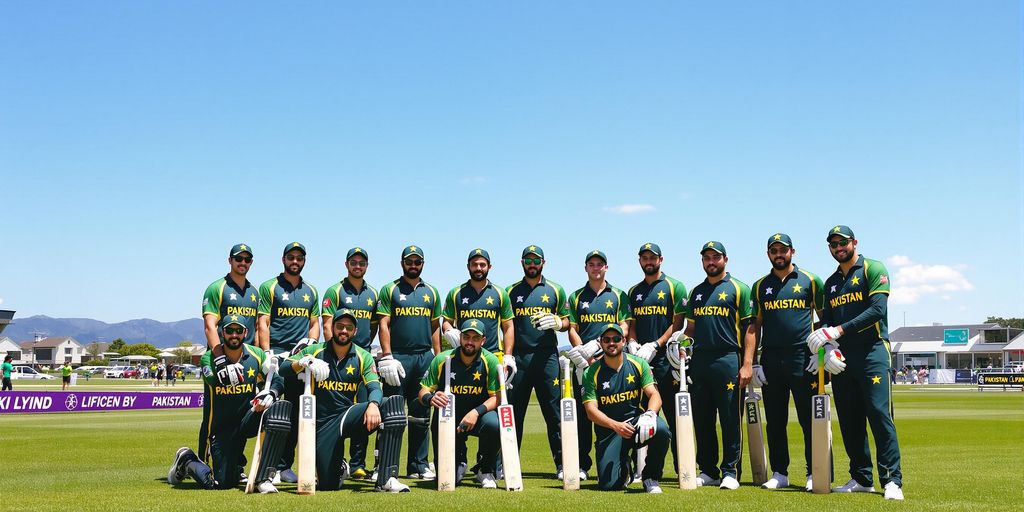 Photograph of Pakistani cricketers standing proudly on lush green field.