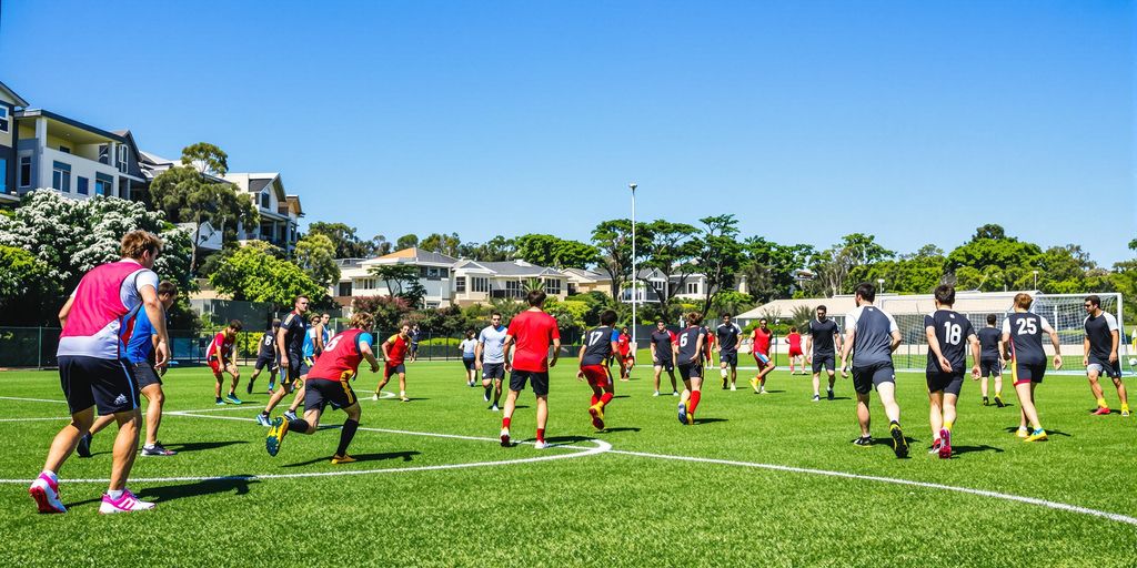 Photograph of focused young footballers energetically on lush Australian field.