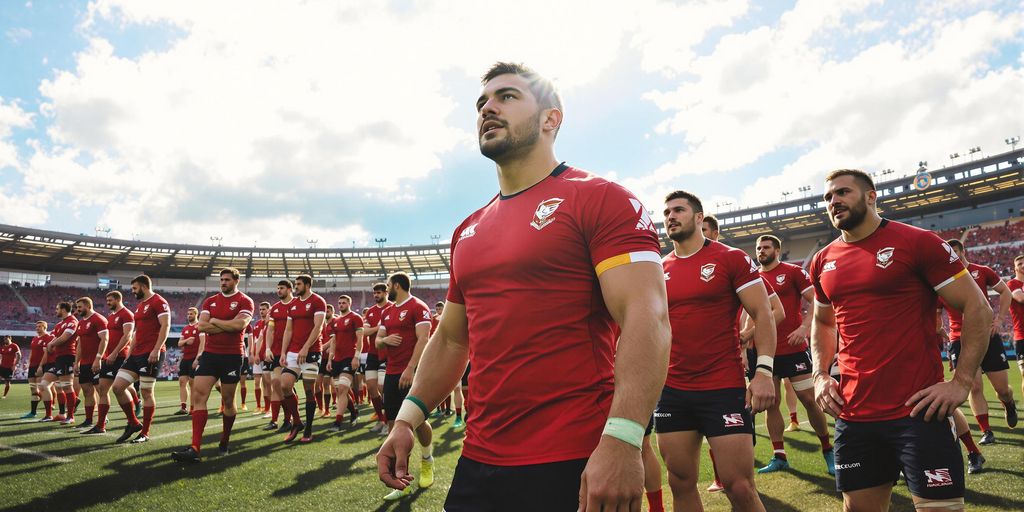 Rugby players in red and black gear up on field.