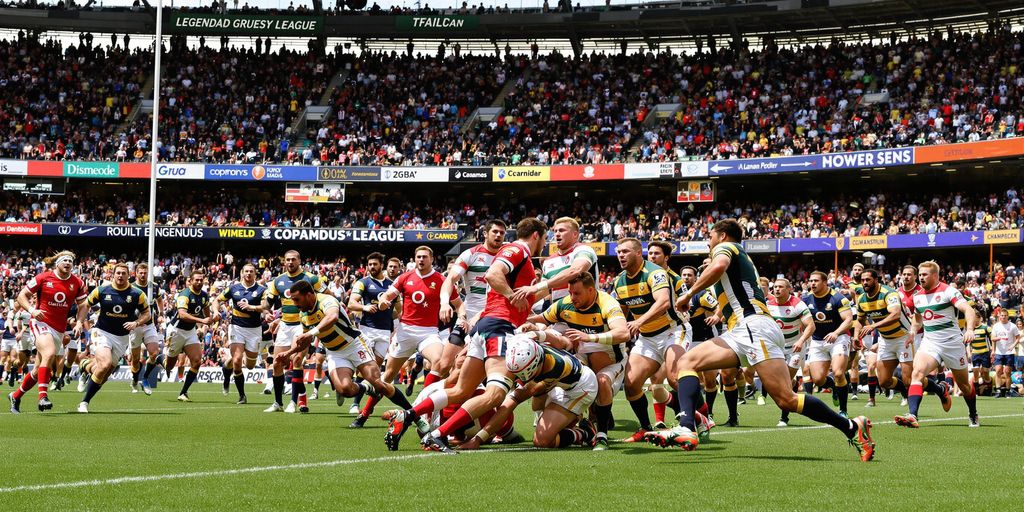 Rugby league players charging on a sunlit field in Australia.