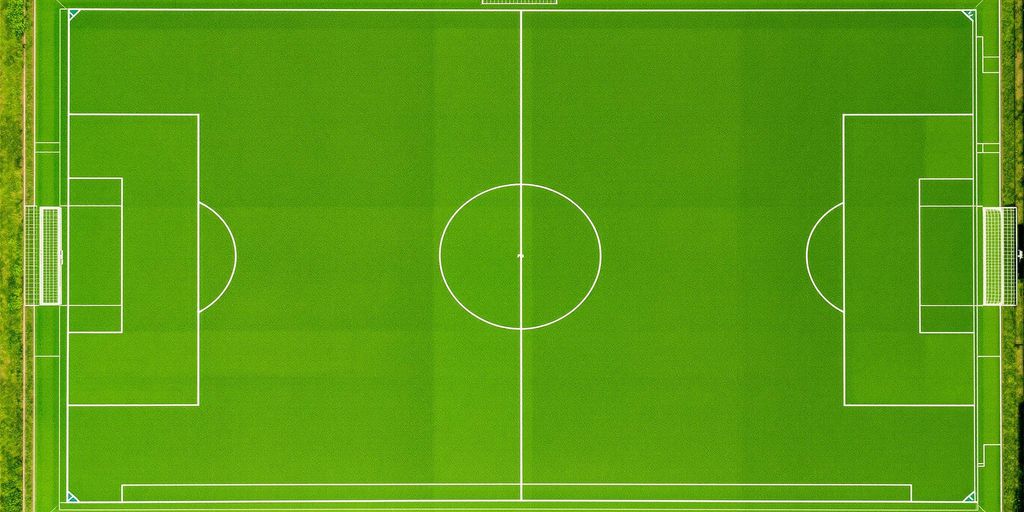 Aerial view of soccer field with marked pitch lines.