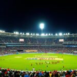Cricket stadium with players and cheering fans at night