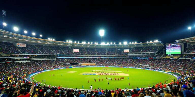 Cricket stadium with players and cheering fans at night