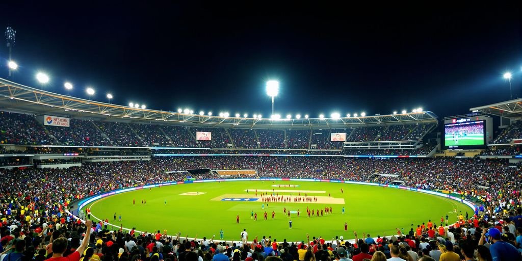 Cricket stadium with players and cheering fans at night