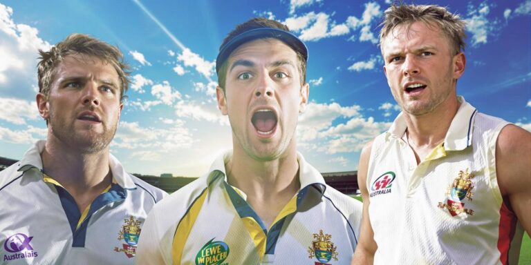 Aussie fast bowlers charging fiercely on a sunlit cricket pitch.