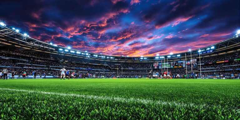 Aerial view of a full, busy rugby stadium under twilight.