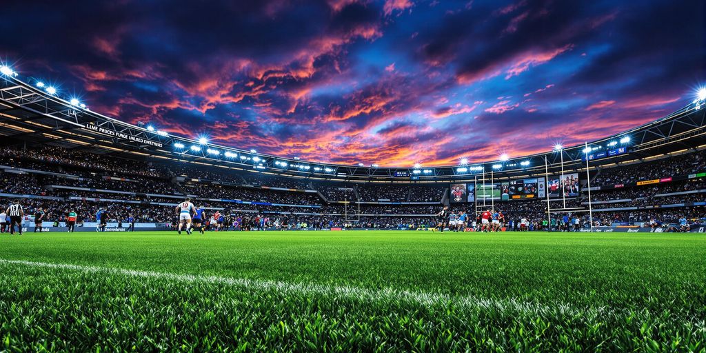 Aerial view of a full, busy rugby stadium under twilight.