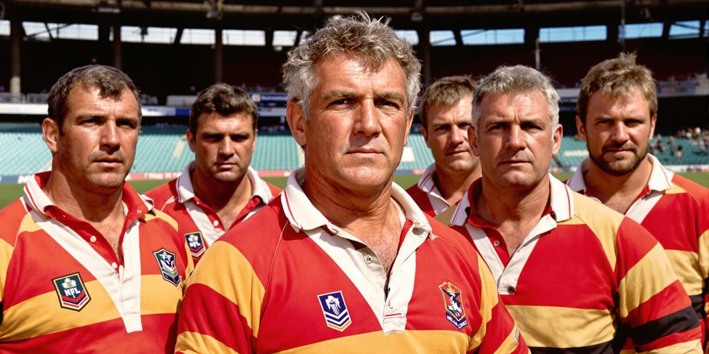 NRL legends in vintage uniforms on sunlit rugby field today.