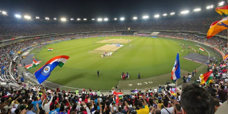 Indian cricket team celebrating wicket in crowded stadium