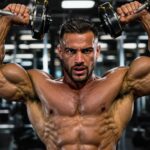 Muscular man lifting dumbbells in bright gym setting