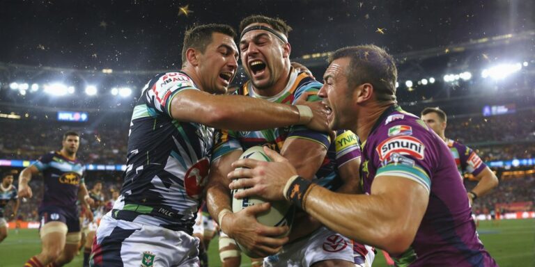 Rugby players clashing fiercely on field under stadium lights tonight.