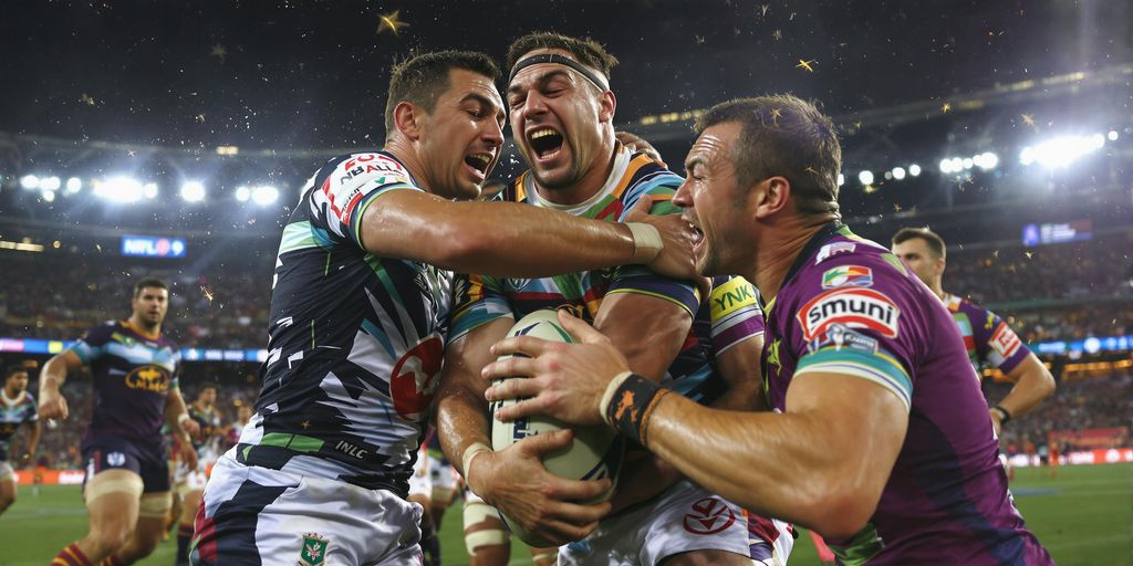 Rugby players clashing fiercely on field under stadium lights tonight.