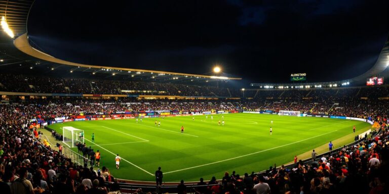 Socceroos players clash fiercely on a glowing night pitch together