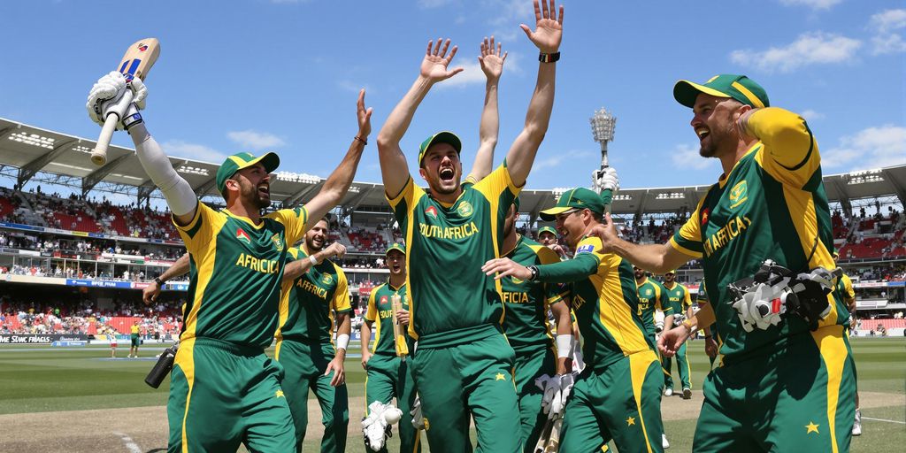 South African cricketers celebrate together on stadium field
