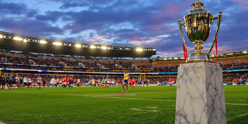 Photograph of AFL club jerseys and trophies under stadium lights.
