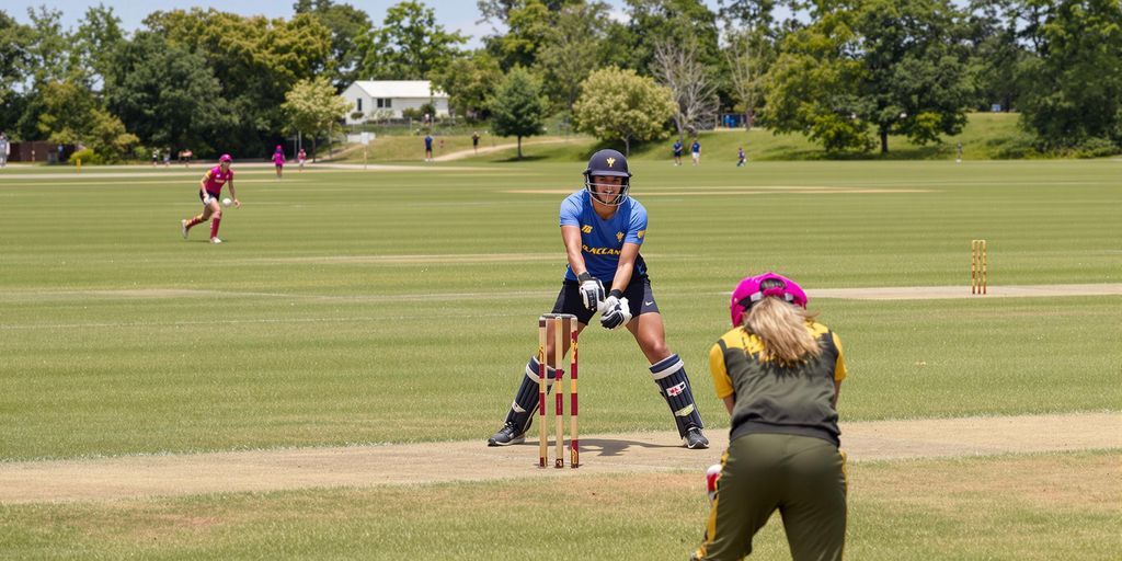 Women cricketers playing a match on a sunny field