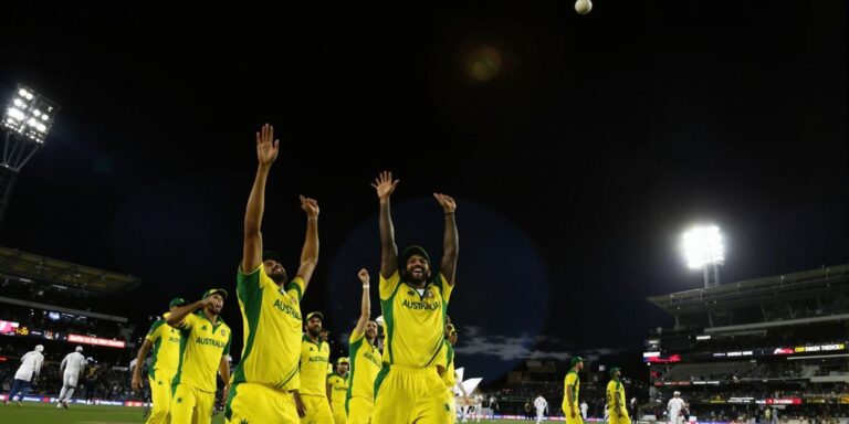 Australian T20 cricket players celebrate during World Cup match.