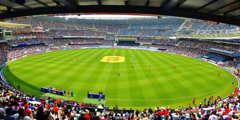 Cricket players dash across turf beneath a bright, radiant stadium.