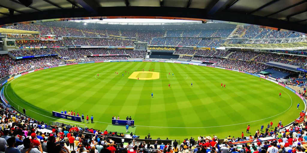 Cricket players dash across turf beneath a bright, radiant stadium.