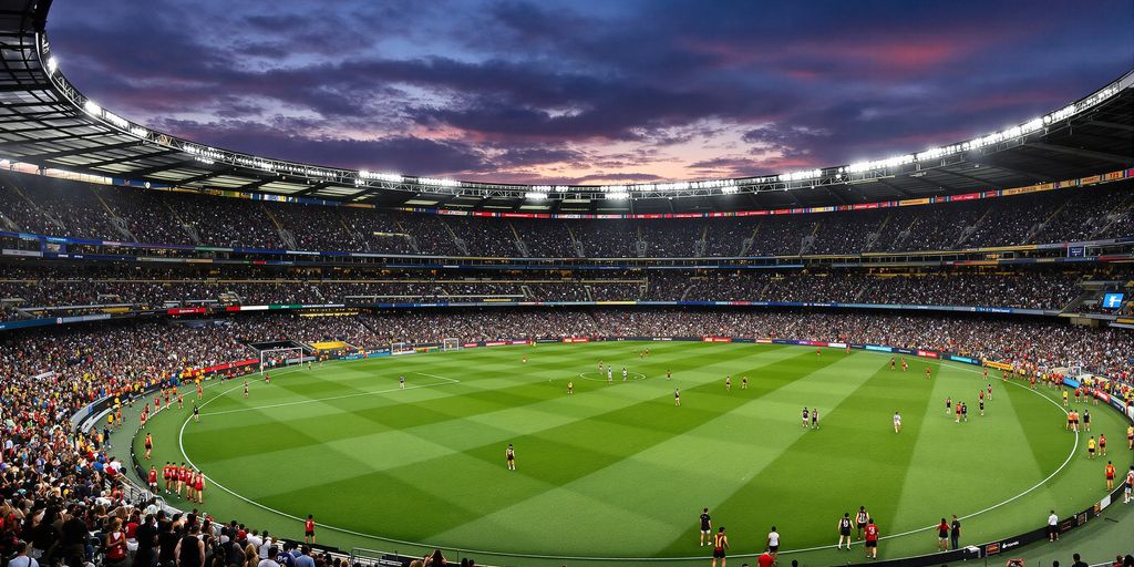 AFL players clash energetically under glowing stadium floodlights at dusk.