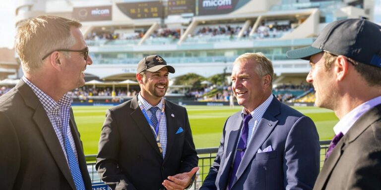 Australian cricket commentators outdoors during sunlit lively discussion on pitch.