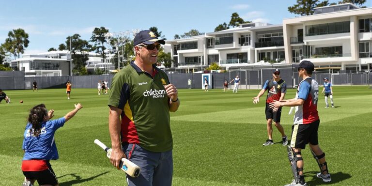 Australian cricket coach training young players on sunny field