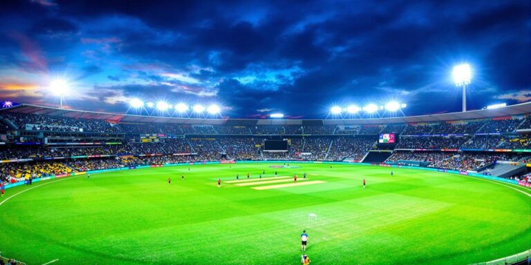 Australian cricket match with players and cheering crowd live.