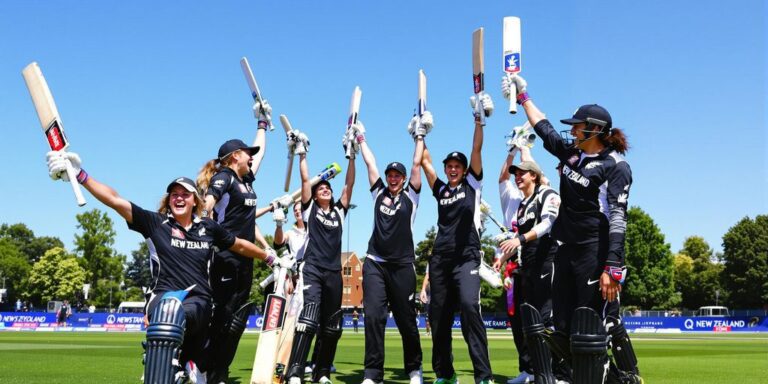 New Zealand women's cricket team celebrates on cricket field