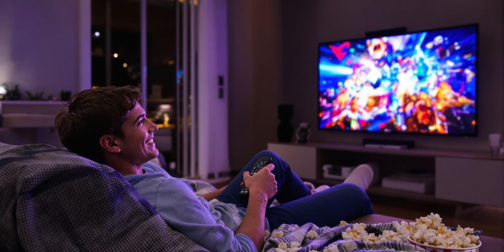 Person watching TV happily with popcorn in living room