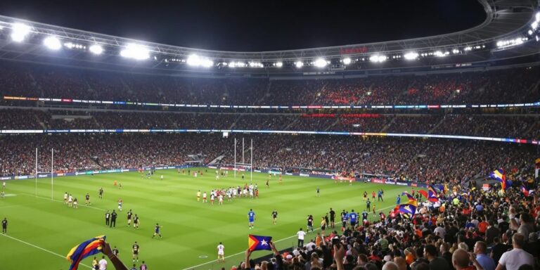 Excited fans cheering at a packed rugby stadium night match.