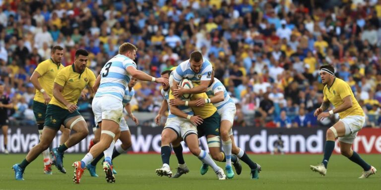 Argentina and Australia rugby players battling on the field