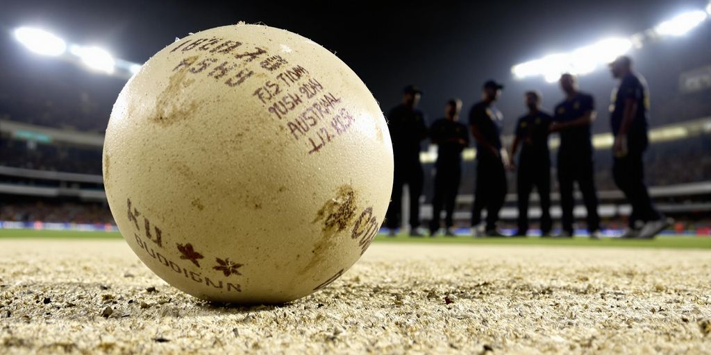 Australian cricket ball on pitch with tense players nearby.
