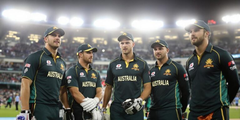 Australian cricket players on field during lively stadium match