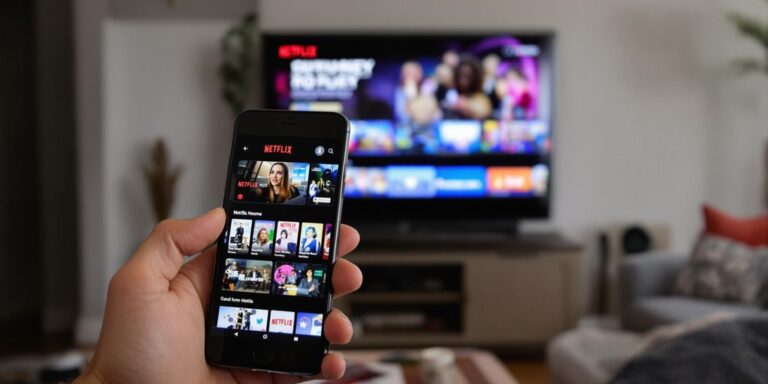 Person using Netflix app on phone in living room