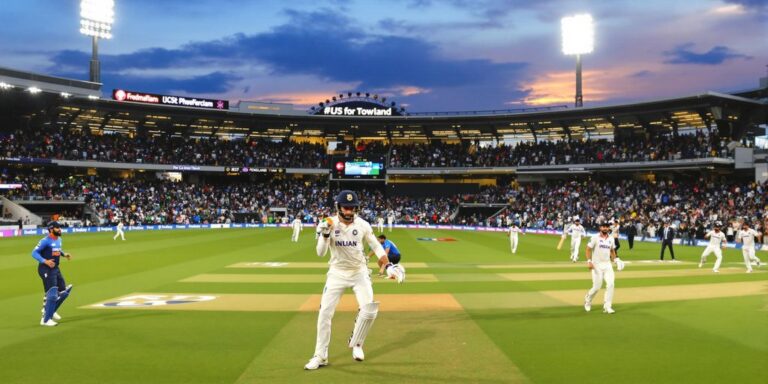 Indian and English cricketers in action under stadium lights.