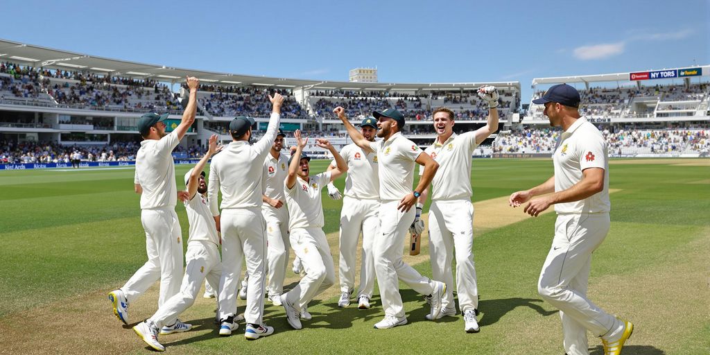 Australian cricketers celebrate wicket during Test match