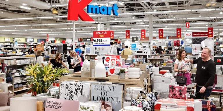Shoppers browsing colourful Kmart shelves with assorted products